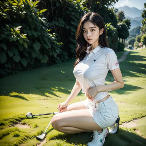 arafed woman kneeling on the ground with a golf club in her hand, off putting, wearing golf shorts, breathtaking shot, long shot from back, leg and hip shot, on her knees, off - putting, backshot, perfect angle, on knees, long shot from the back, golf cour...
