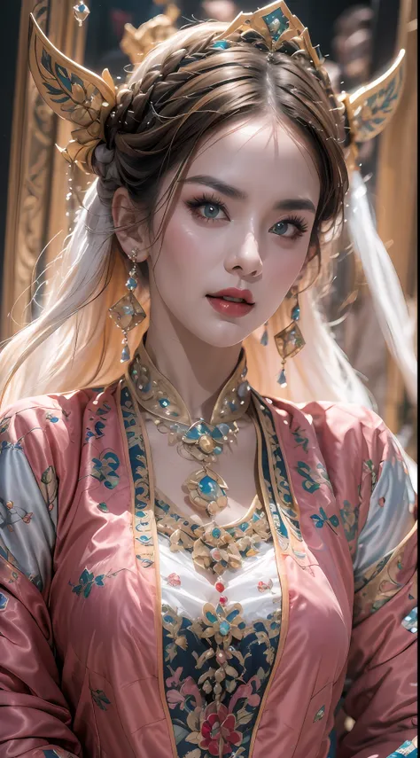 portrait of a beautiful 20 year old holy woman, wearing a thin multicolored silk dress, beautiful face without blemishes, ((natu...