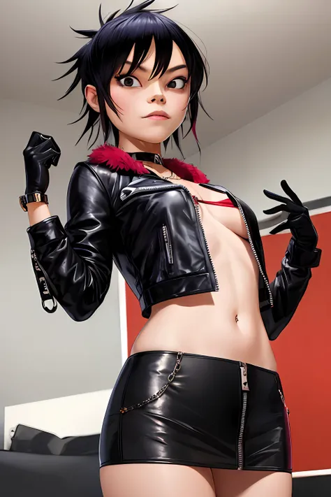 (masterpiece, best quality:1.2),  noodle (gorillaz), black hair, 1girl, gloves, short hair, streaked hair, black gloves, guitar,...