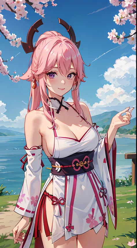 Yae_miko,Off-the-shoulder attire,(Lateral thoracic 1.3),(Large breasts),(No clothes around the neck 1.4),(No decoration on the chest),facial closeups,Raised sexy,NSFW,(cleavage 1.4),Top-down view,(Close-up 1.3), 10 year old girl, Purple eye, A pink-haired,...