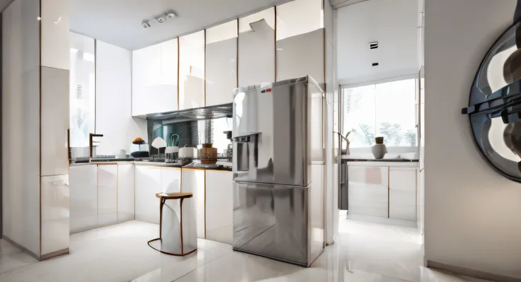Kitchen renderings,Nordic style, There is a sink on the countertop on the right,There is one in the center of the picture(refrigerator),There is a cooking station on the left side of the refrigerator,The rear space on the right is the washbasin in the wash...