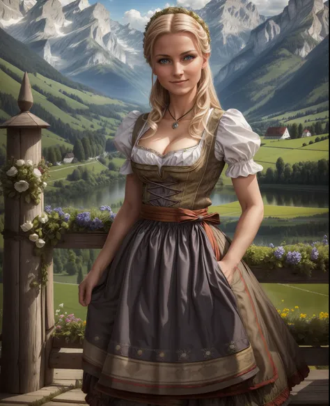 masterpiece, absurdres, fine detail, hdr, highly detailed face and eyes, photorealistic, dirndl, a woman in traditional bavarian...