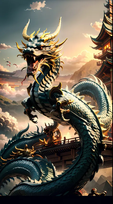 （（best qualtiy））， （（tmasterpiece））， （a detailed），in a panoramic view，chinese loong，mythological beasts，photorealestic，mito，chine...