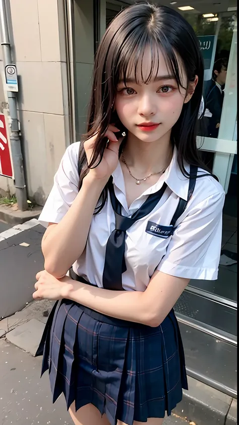 ((top-quality、masterpiece))、Raw photography、8K、top-quality、 超A high resolution、Beautiful face in every detail、Realistic human skin、Gentle expression、front-facing view、Farbe々From an angle、length hair、realisitic、Photorealsitic、cute little、a short skirt、cute...