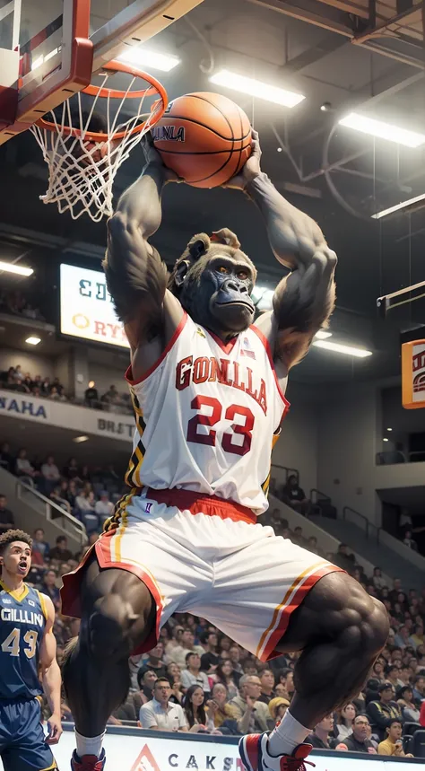 ((Gorilla scoring a dunk in basketball))、Anthropomorphic mountain gorilla、waist shot、Gorilla in uniform、「Gorilla Dunk」