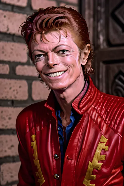 portrait of smiling david bowie in a dark alley, intricate detail, detailed face, very sharp, high quality,