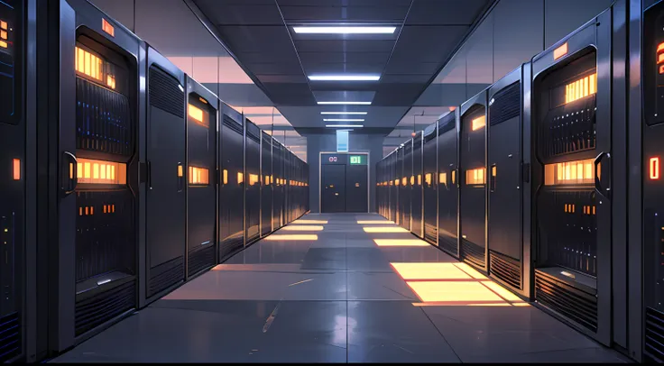 a dimly lit hallway with rows of data and computer screens, background is data server room, hacking into the mainframe, cyber sp...