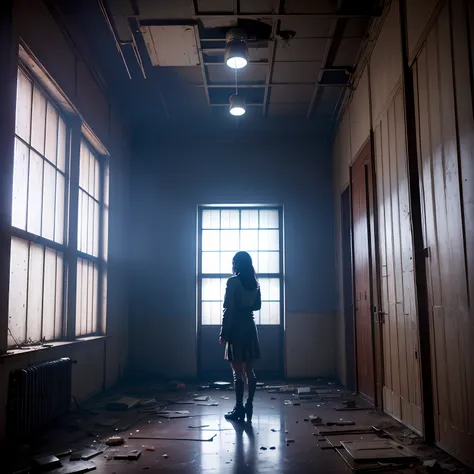 (best quality, 巨作), (inside the abandoned university), k horror art, the room has large windows, high contrast cinematic lightin...