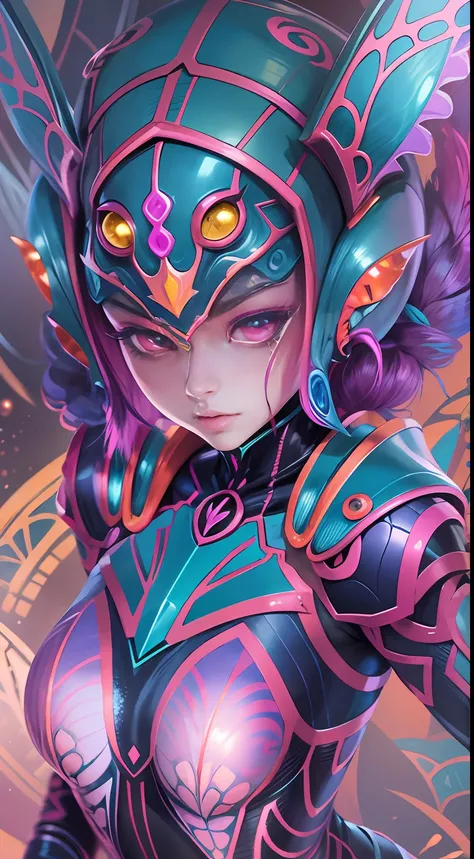 Cartoon photo of woman in colorful costume、Hot Moth Humanoid Female、kook、Guyver Style、SFW version、Scarabeleploid、tail、Cel Shade Adult Animation、Alien Queen、beautidful eyes