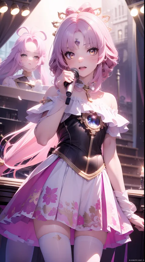 (tmasterpiece:1.2),Best quality at best,perfect anatomia,The is very detailed,1girll,Solo, A high resolution,absurderes,tmasterpiece,looking at viewert,Character Spotlight,A pink-haired,Golden eyes,short skirt,singers,Stage,There are lights on it,Hold the...