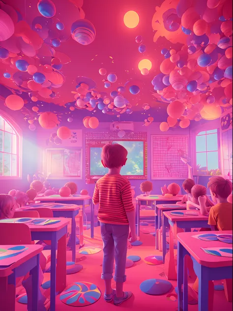 a kids, classroom, fantasy, psychedelic feeling, the wide view captures, colorful color matching, maxon cinema 4d, luminism, cin...