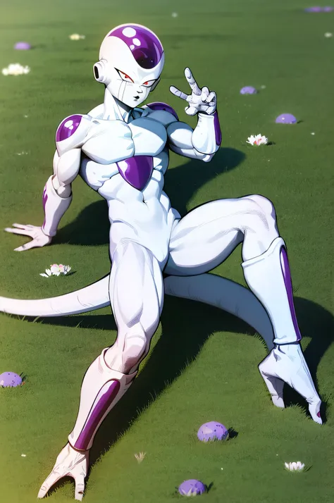 masterpiece, best quality, 1boy, frieza, full body, male focus, red eyes, solo, tail, sfw,, sitting down on grass, blue sky, sun...