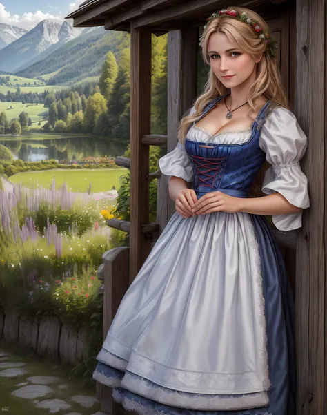 masterpiece, absurdres, fine detail, hdr, highly detailed face and eyes, photorealistic, drindl, a woman in traditional bavarian...