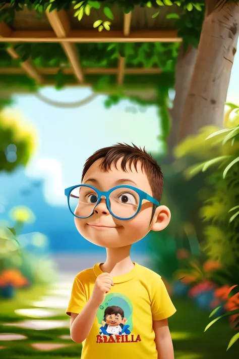 guttonerdjul23, a 3-year-old boy wearing glasses standing in a garden, feliz, feliz, qualidade perfeita, foco claro (mess - hous...