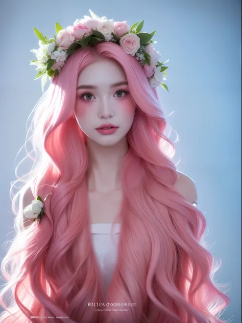 pink hair，a woman with a flower crown on her head, long flowing pink hair, flowing pink hair, inspired by yanjun cheng, belle de...