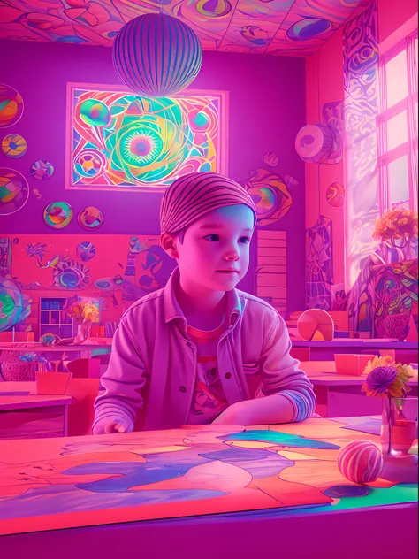 a kids, classroom, fantasy, psychedelic feeling, the wide view captures, colorful color matching, maxon cinema 4d, luminism, cin...