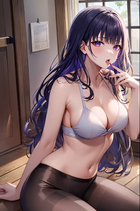 ((masterpiece, best quality)),8k,indoor ,1raiden shogun, mouth_hold,(white shirt:1.2) ,looking at viewer,slim waist,black bra, use pantyhose, open mouth, stick out her tongue out at viewers