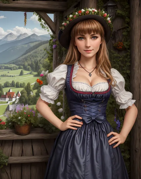 masterpiece, absurdres, fine detail, hdr, highly detailed face and eyes, photorealistic, drindl, a woman in traditional bavarian...