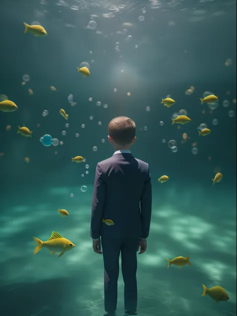 an underwater scene where fish fly and birds swim, in the style of rene magritte, a boy watches in wonder from his bubble, close...