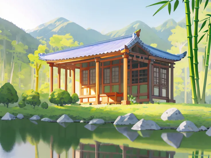 Ancient Chinese architecture, spring, dark night, garden, bamboo, lake, stone bridge, peach blossom, trees, flowing water, landscape, outdoor, grass, rock, (Illustration: 1.0 ), epic composition, realistic lighting, HD details, masterpiece, best quality, (...