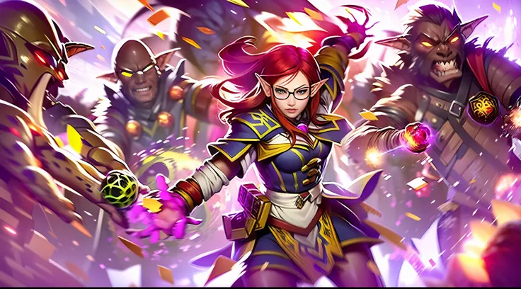 An elf girl casting powerful magic at an army of orcs, Best quality, masterpiece:1.8, ultra high res:1.3, (((perfect hands))), 1girl, elf, red hair, medium hair, ahoge, green eyes, freckles, medium breasts, glasses, open cloak, blouse, medium skirt, frille...
