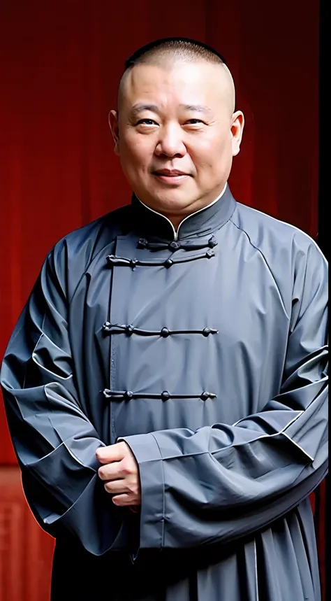 old chinese monk，frontal photo，bald-headed，complete，bust photo，had his hands folded，gray monk dress，