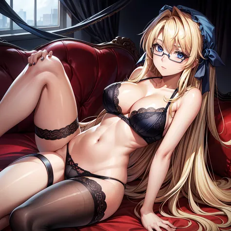 1 girl, long hair, blonde hair, back-length blonde hair that has several bangs hanging over the left side of forehead with a blue headband, medium blue eyes and a pair of black, semi-rimmed glasses with the rims sitting below the lenses, large breast, bla...
