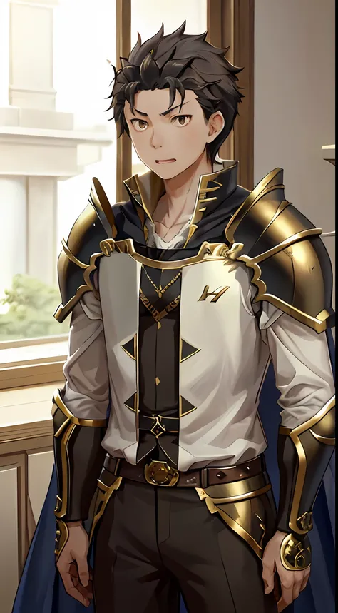 (1 Adult male),A high resolution, Sharp focus, Pixiv masterpiece, ((Complicated details)), highly detailed, natsuki_subaru, 1 man, with her mouth open,drools,full bodyesbian, Golden eyes(eyes glowing), with short white hair,Armour,cloaks,Shoulder armor,pe...