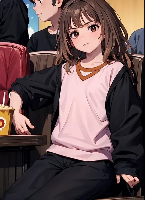 1girl, solo focus, (child), brown eyes, (12 year old), a young child eating popcorn while sitting in a cinema, cinema, movies, casual shirt, hermione granger,