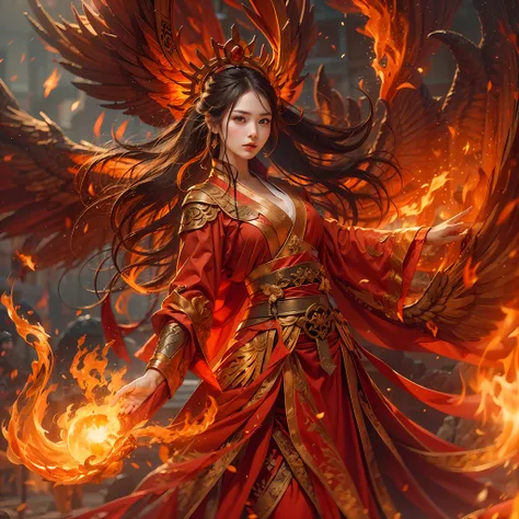 1girll,Flame mage dressed in fiery red(Chinese Hanfu),The robe was embroidered with intricate runes and ornaments,Exudes a burning breath。He was tall and strong,Hands up,Powerful fire spells are being unleashed。His eyes were firm and sharp,A flash of fire ...