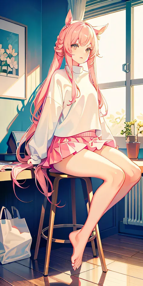 white panties,dual horsetail,sitting on a stool,denimpants with pinksweater,mini-skirts,Barefoot,thick thight,with fair skin,is shy