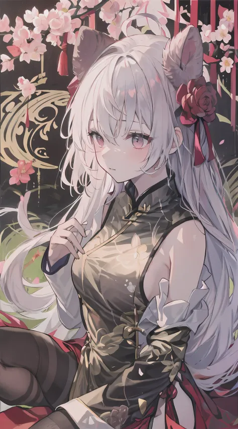 top-quality, Ink painting style, Fresh and elegant, Clear lake, orthofacial,Cute and shy,The cherry blossoms set as the sun sets,White color hair, Black cheongsam gold pattern girl, Ride the flower wind to blow your head, A forest dotted with green leaves,...