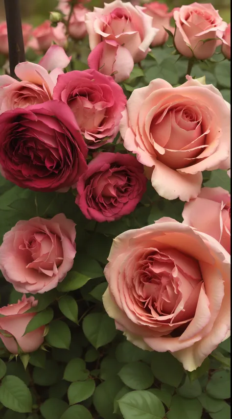 many pink roses grow in the garden, rose-brambles, rosa bonheurn, incredibly beautiful, crown of mechanical peach roses, crown o...