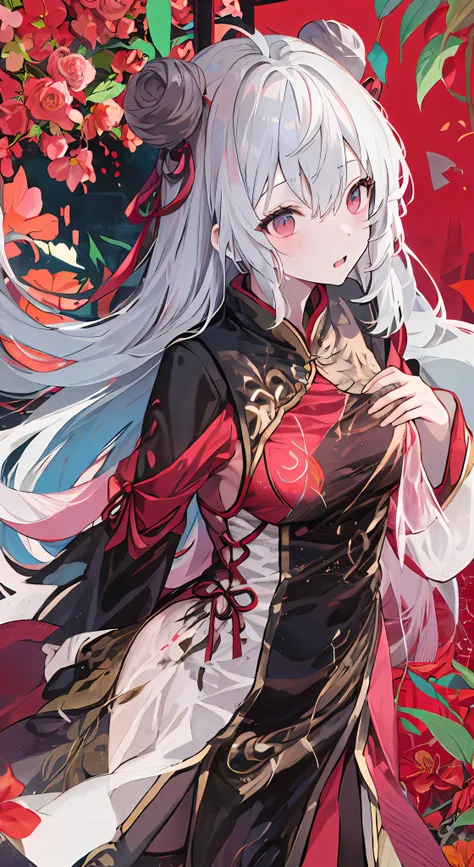top-quality, Ink painting style, Fresh and elegant, Clear lake, orthofacial,Cute and shy,The cherry blossoms fall as the sun sets,White color hair, Black cheongsam golden pattern girl, Ride the flower wind to blow your head, A forest dotted with green leav...