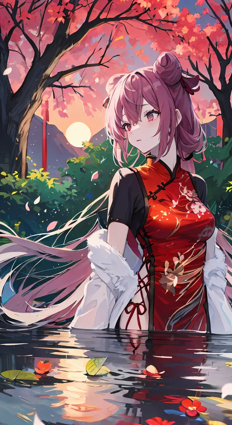 top-quality, Ink painting style, Fresh and elegant, Clear lake, orthofacial,Cute and shy,The cherry blossoms set as the sun sets,black color hair, White cheongsam simple pattern girl, Ride the flower wind to blow your head, A forest dotted with green leave...