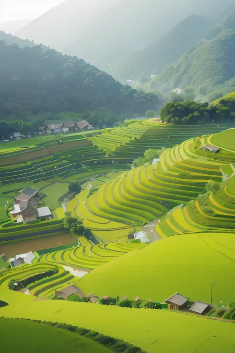 large expanses of terraced fields, mountains, huts, with rice fields, rice fields, neat rice seedlings in the fields, misty rain...