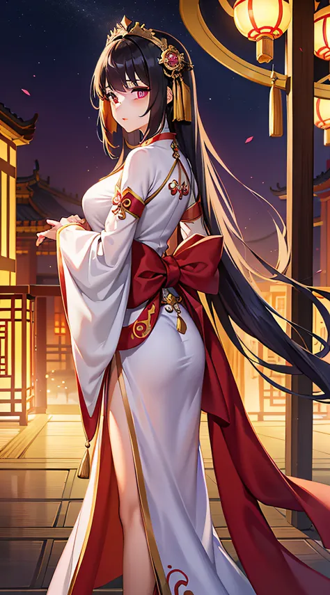 there was a woman standing in the street wearing a dress, palace ， a girl in hanfu, guviz-style artwork, a beautiful fantasy emp...