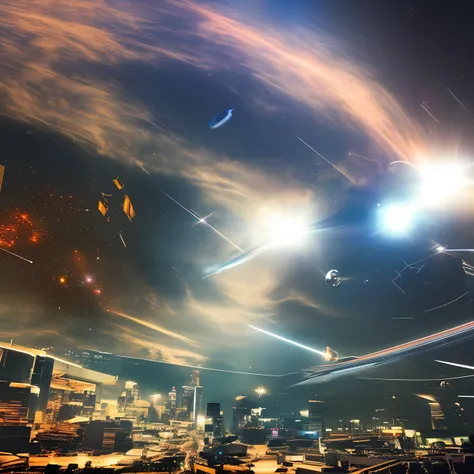 Space landscape of futuristic sci-fi city,Ultra photo realsisim,A high resolution,Galaxy Center,Buildings,running track,beam of light,Efeito de Luz,Starship。