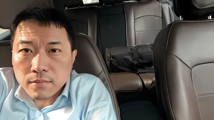 A person sits in the car，There is a bag in the back,  peter chan, taken in the early 2020s, huifeng huang, Shot on an iPhone 13 Pro, handsome。Professional manager
