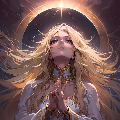 Anjel, angelical, white girl, white eyes, dark sky, bright light, gold halo, looking at the sky, praise, blonde hair, calm girl, peace