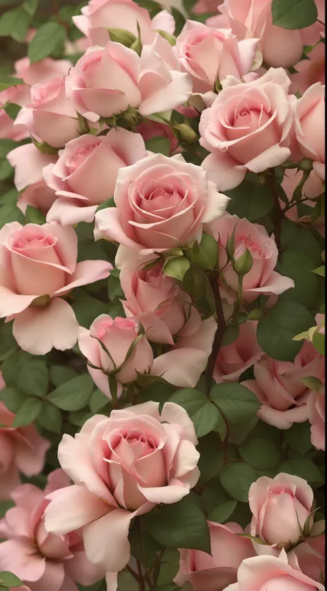 many pink roses grow together in the garden, rosa bonheurn, rose-brambles, rose, rozen maiden, light pink tonalities, beautifull...