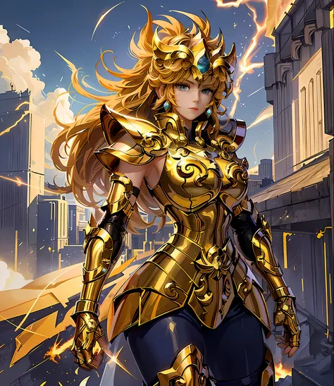 (masterpiece), (best quality), (1girl), girl in golden armor, cool pose, battle field background, fire background, saint seiya a...