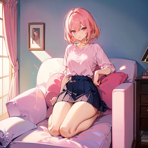 Bob Head,Superskirt,Pink theme,kneeling on the sofa,inside in room,rays of sunshine,with pink hair,a pink eyes,thick thight,sexy for,Face away from the camera,Panicked