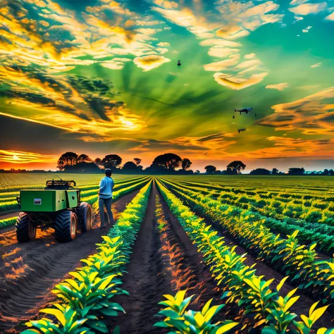 imagine a scene of a modern farm in full activity, illuminated by the setting sun. in the center of the image, a rugged, experie...