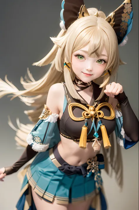 (masterpiece, best quality:1.2), cowboy shot, solo, 1girl, kirara, smile, looking at viewer, (paw pose:1.1), ahoge, hair ornament, animal ears, detached sleeves, miniskirt, (gloves:1.1), tassel, midriff
