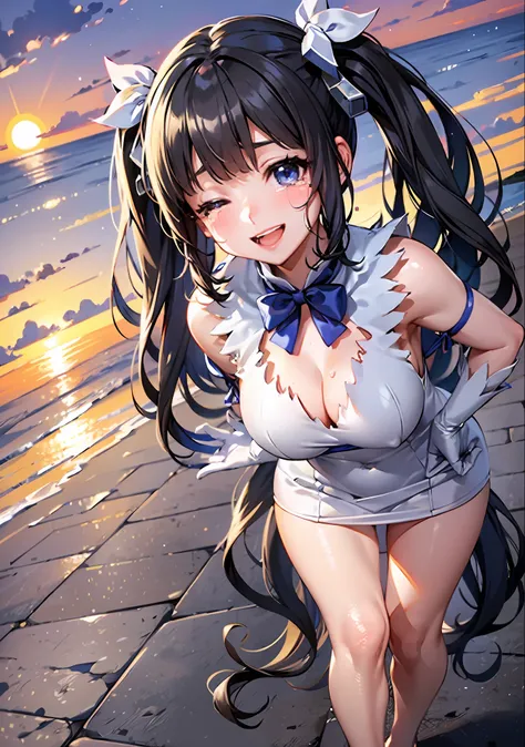 1girl,hestia, blue eyes, black hair, twintails,barefoot, blue bow, blue bowtie, bow, bowtie, cleavage, cleavage cutout, clothing...