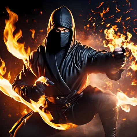 professional lighting, masked ninja, ((forming hand seals)), muscular body, night and fire background
