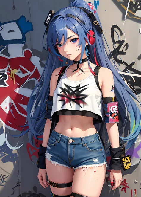 巨作, best quality, 1girl, 独奏, crop top, denim shorts, choker, (graffiti:1.5), paint spraying, arms behind the back, against the w...