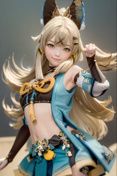 (masterpiece, best quality:1.2), cowboy shot, solo, 1girl, kirara, smile, looking at viewer, (paw pose:1.1), ahoge, hair ornament, animal ears, detached sleeves, miniskirt, (gloves:1.1), tassel, midriff