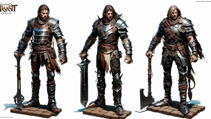 best quality, masterpiece, highly detailed, colored concept art sheet of three characters with weapons and leather and metal armor in a fantasy world, character concept art, warm colors, ultra sharp, realistic rendering, detailed full body, ultra detailed,...